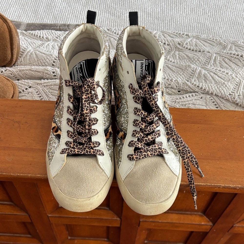 Gianni Bini White and Leopard High-Top Sneakers with Sparkles
